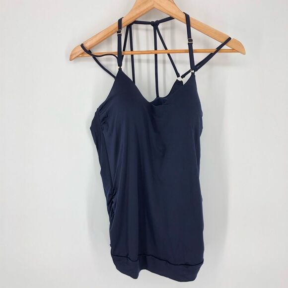Athleta Aqualuxe Blousy Tankini Top Womens Large Navy Blue Strappy Back 210848 - Picture 2 of 11